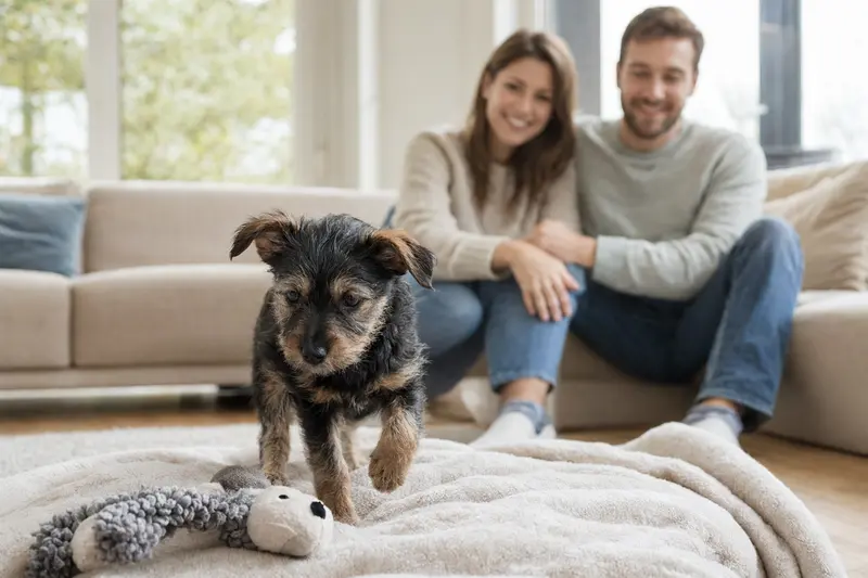 Ein neugieriger Rothbury Terrier Welpe erkundet sein neues Zuhause mit liebevoller Familie im Hintergrund.