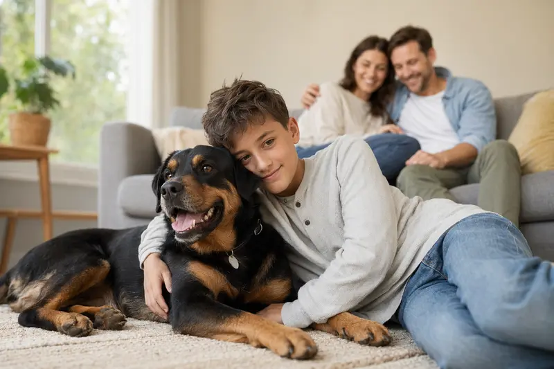 Ein freundlicher Rottweiler liegt entspannt neben einem Kind im hellen Wohnzimmer, während die Eltern im Hintergrund eine sichere Familienatmosphäre schaffen.