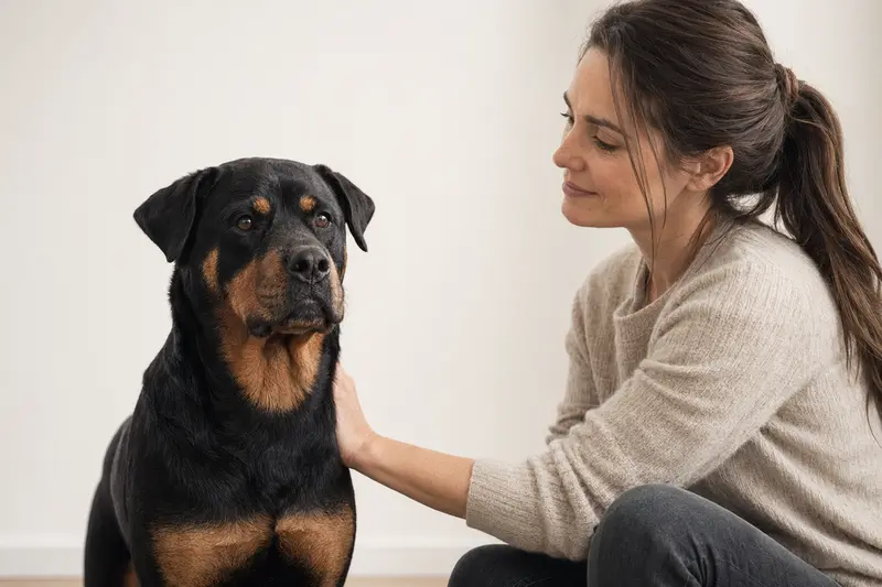 Ein aufmerksamer Rottweiler steht in natürlicher Haltung vor hellem Hintergrund und zeigt typische Merkmale der Rasse im hochwertigen Hundefoto.