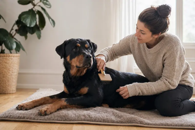 Ein Rottweiler wird in einer hellen Wohnung von seinem Besitzer sanft gebürstet und gepflegt.