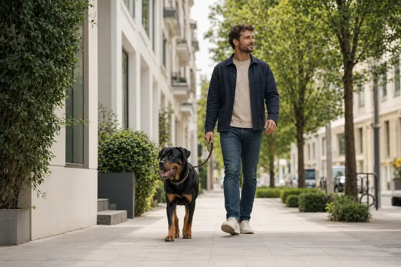 Ein Rottweiler läuft an der Leine mit seinem Besitzer durch eine freundliche moderne Stadtstraße.