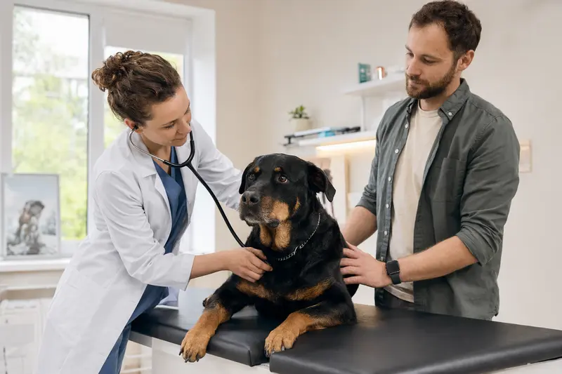 Ein ruhiger Rottweiler wird behutsam von einer freundlichen Tierärztin mit Stethoskop untersucht, während der Besitzer beruhigend danebensteht.
