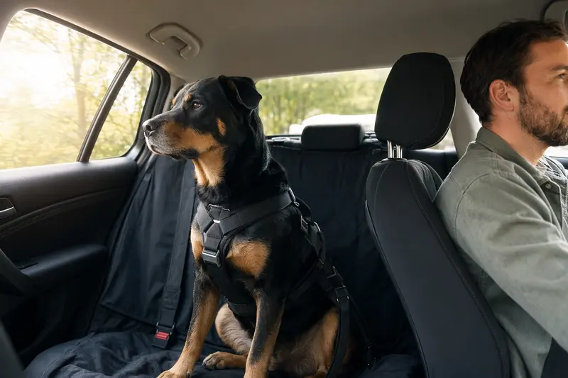 Ein Rottweiler sitzt sicher angeschnallt auf der Rückbank eines Autos, während der Fahrer ruhig fährt und Sonnenlicht ins Fahrzeug fällt.