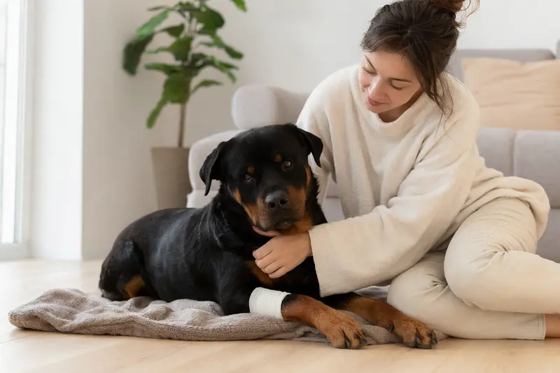 Rottweiler mit leicht verbundenem Pfotenverband liegt ruhig auf einer Decke neben seinem erleichterten Besitzer in einer hellen Wohnung.