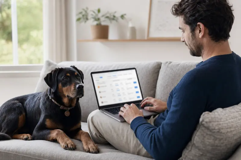 Ein Hundebesitzer sitzt entspannt mit seinem Rottweiler auf dem Sofa und vergleicht Tierversicherungen auf dem Laptop.