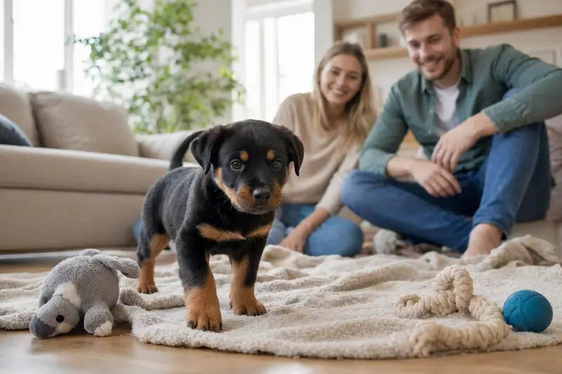 Ein neugieriger Rottweiler Welpe erkundet sein neues Zuhause mit Spielzeug und einer liebevollen Familie im Hintergrund.