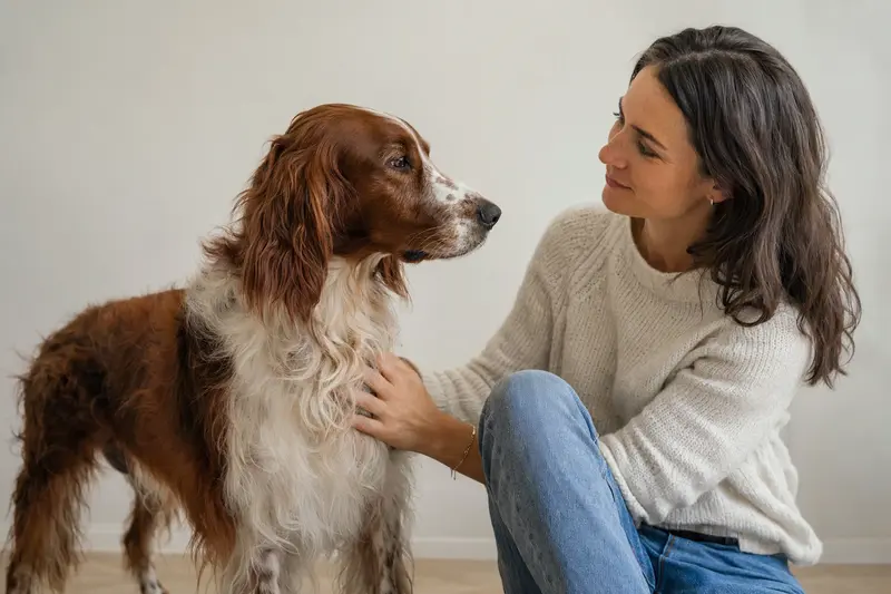 Ein aufmerksamer Rotweißer Irish Setter steht in natürlicher Haltung vor hellem Hintergrund und zeigt das typische Fell und die elegante Körperform der Rasse.