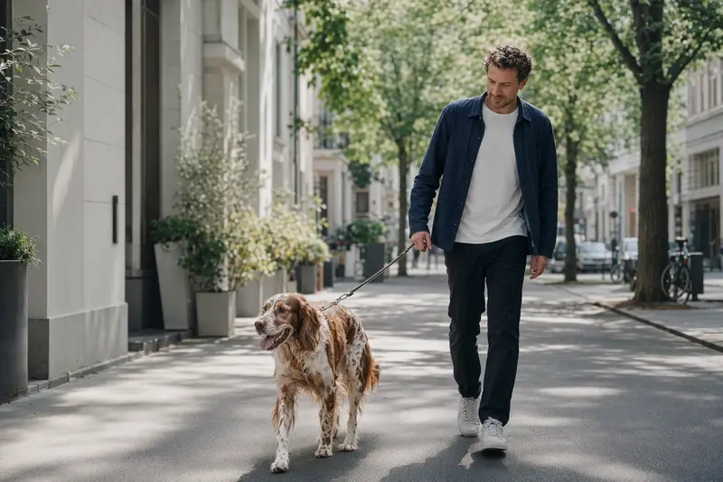 Ein rotweißer Irish Setter läuft an der Leine mit seinem Besitzer durch eine freundliche moderne Stadtstraße.