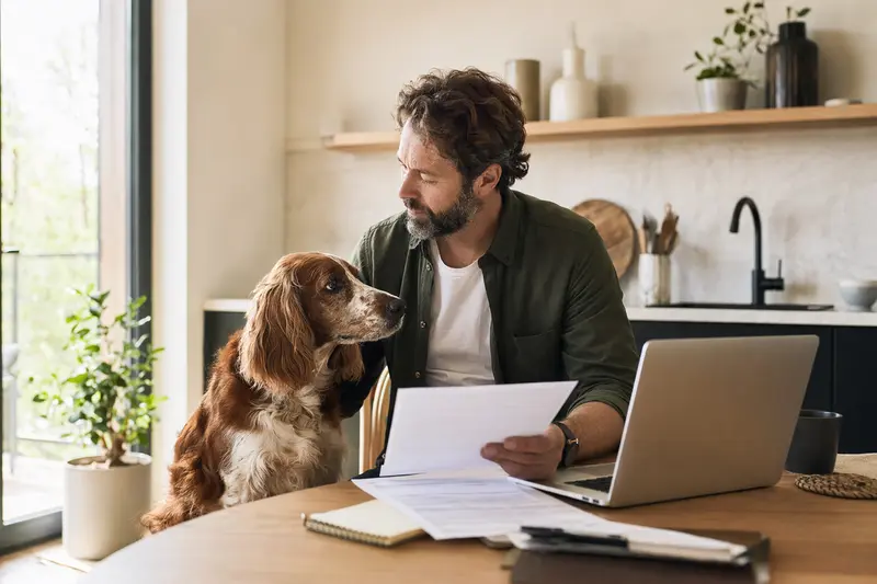 Ein Irish Setter sitzt ruhig neben seinem Besitzer am Küchentisch mit Versicherungsunterlagen und einem Laptop mit Vergleichsseite zur Hundekrankenversicherung.
