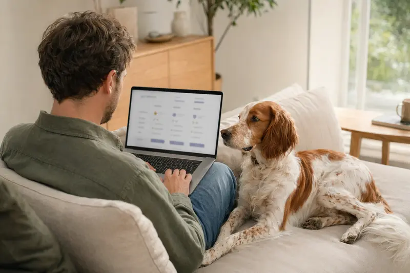 Ein Besitzer mit einem Laptop auf dem Sofa, neben einem rotweißen Irish Setter, während er eine Versicherungsvergleichsseite für Tiergesundheit betrachtet.