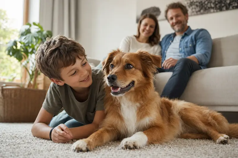 Ein freundlicher Ruby Hund liegt entspannt neben einem Kind im Wohnzimmer, während die Eltern im Hintergrund eine sichere und warme Familienatmosphäre schaffen.