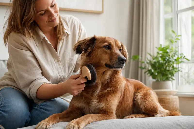 Ein Ruby Hund wird zuhause liebevoll gebürstet und erhält eine sanfte Fellpflege in einer hellen Wohnung.
