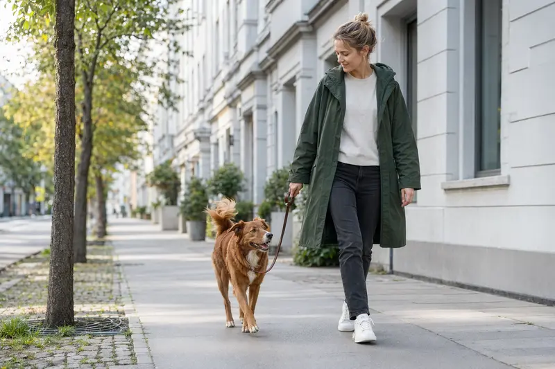 Ein Ruby Hund läuft an der Leine mit seinem Besitzer durch eine freundliche moderne Stadtstraße.