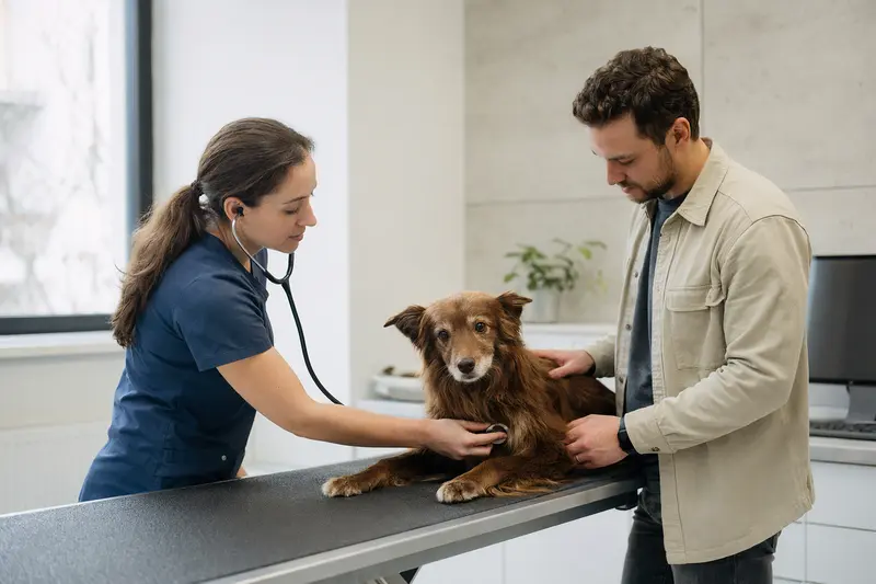 Ein ruhiger Ruby Hund wird von einer freundlichen Tierärztin in einer modernen Praxis mit einem Stethoskop untersucht, während der Besitzer beruhigend daneben steht.