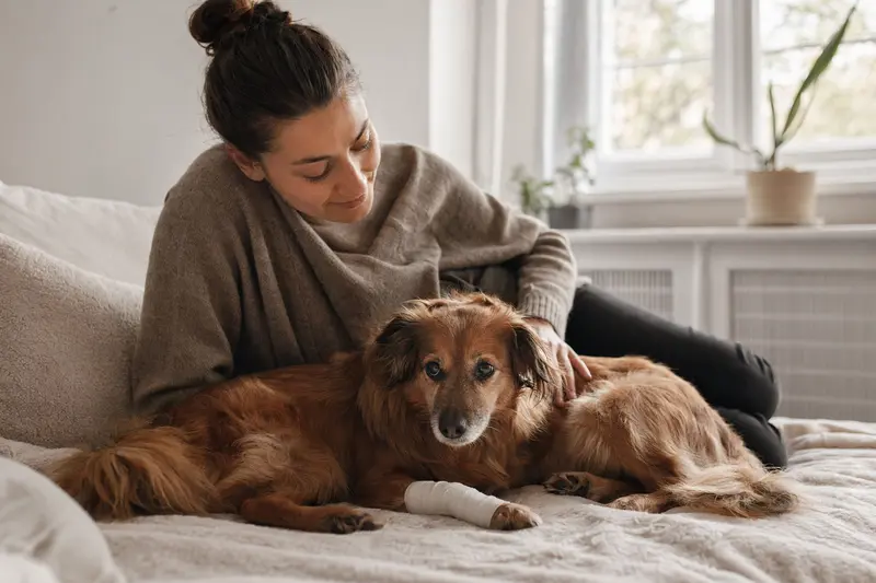 Ein Ruby Hund mit leicht verbundenem Pfotenverband liegt ruhig auf einer Decke neben seinem erleichterten Besitzer in einer hellen Wohnung.