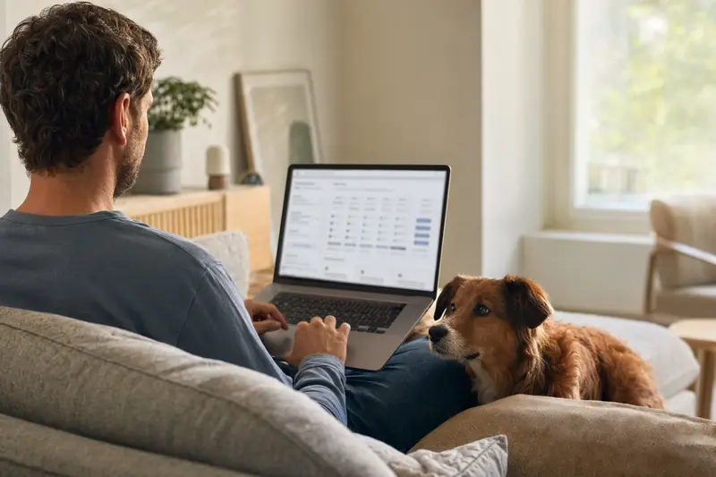Ein Hundebesitzer arbeitet am Laptop auf dem Sofa, während ein Ruby Hund neben ihm sitzt und die neutrale Versicherungsvergleichsseite im Hintergrund unscharf sichtbar ist.
