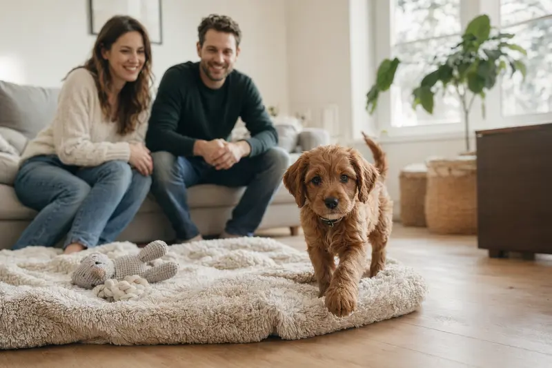 Ein junger Ruby Welpe entdeckt neugierig sein neues Zuhause mit einer weichen Decke und Spielzeug, während eine liebevolle Familie im Hintergrund zu sehen ist.