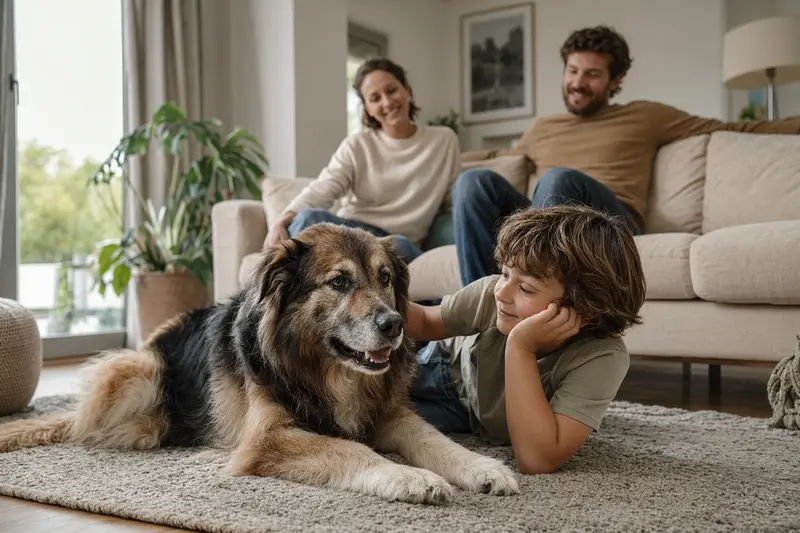Ein freundlicher Rumänischer Hirtenhund liegt entspannt neben einem Kind im Wohnzimmer, während die Eltern im Hintergrund stehen.