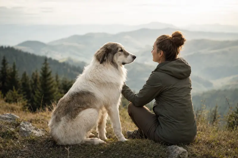 Rumänischer Hirtenhund in aufmerksamer Pose vor hellem Hintergrund als realistisches Tierportrait.