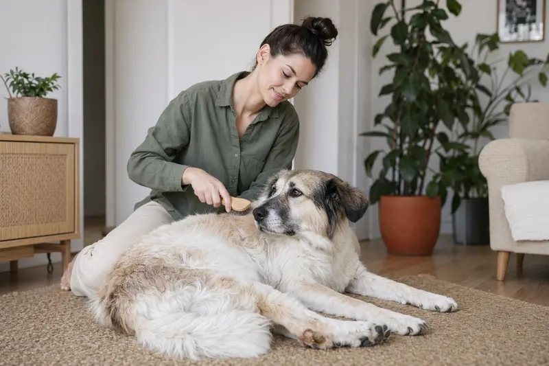Ein Rumänischer Hirtenhund wird in einer hellen Wohnung liebevoll gebürstet, während der Besitzer sich ruhig um die Fellpflege kümmert.