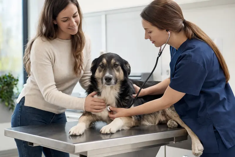 Ein ruhiger Rumänischer Hirtenhund wird von einer freundlichen Tierärztin mit einem Stethoskop in einer modernen Praxis untersucht.