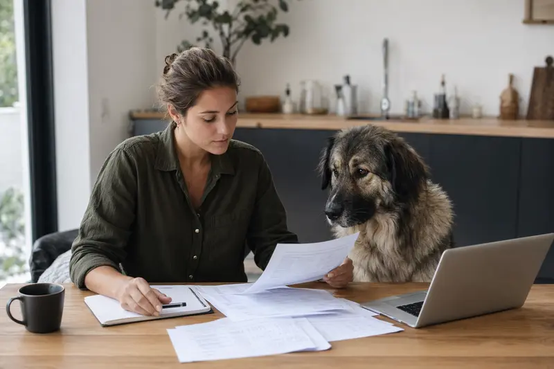Rumänischer Hirtenhund sitzt ruhig neben seinem Besitzer am Küchentisch mit Versicherungsunterlagen und Laptop zur Hundeversicherung.