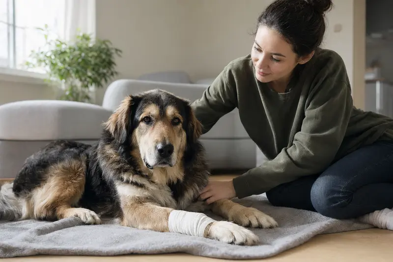 Ein Rumänischer Hirtenhund mit leichtem Verband an der Pfote liegt ruhig auf einer Decke, während sein Besitzer neben ihm sitzt und erleichtert wirkt.