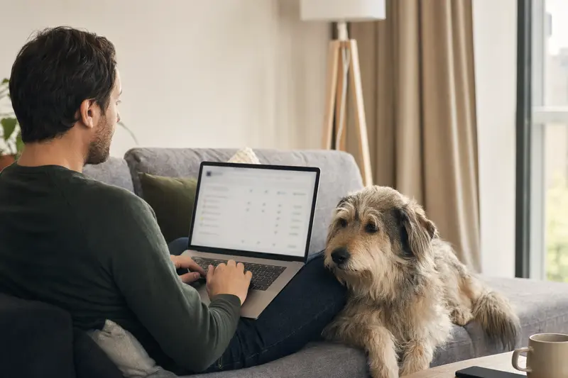 Ein Hundebesitzer arbeitet am Laptop auf dem Sofa, während ein Rumänischer Hirtenhund entspannt neben ihm sitzt.