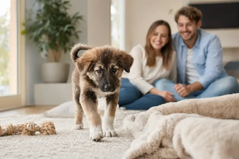 Ein junger Rumänischer Hirtenhund Welpe erkundet neugierig seine helle und freundliche Wohnung mit Spielzeug und einer weichen Decke.