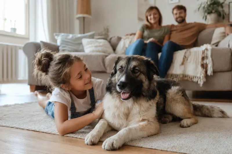 Ein freundlicher Rumänischer Karpaten Schäferhund liegt entspannt neben einem Kind im Wohnzimmer und vermittelt eine sichere Familiensituation mit Hund.