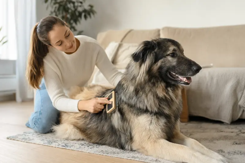 Ein Rumänischer Karpaten-Schaeferhund wird zuhause liebevoll gebürstet und gepflegt.