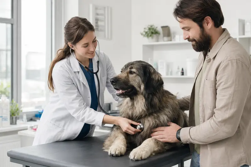Ein ruhiger rumänischer Karpatenschaeferhund wird von einer Tierärztin in einer modernen Praxis mit einem Stethoskop untersucht.