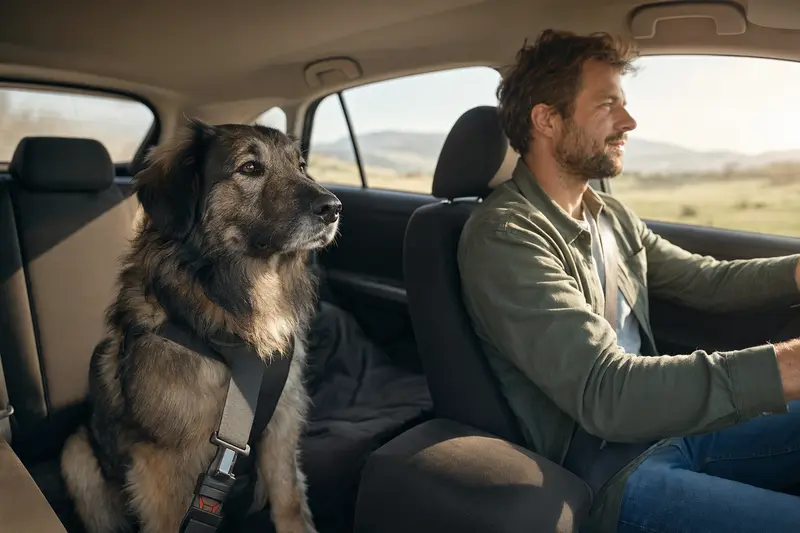 Ein Rumänischer Karpatenschäferhund sitzt sicher angeschnallt auf der Rückbank eines Autos, während der Besitzer ruhig fährt.