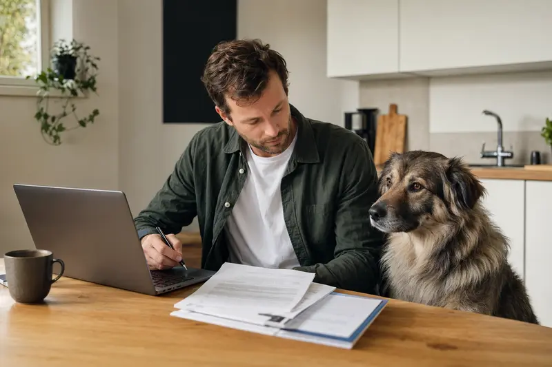 Rumaenischer Karpatenschaeferhund sitzt ruhig neben seinem Besitzer am Küchentisch mit Versicherungsunterlagen und Laptop in einer hellen Wohnung.