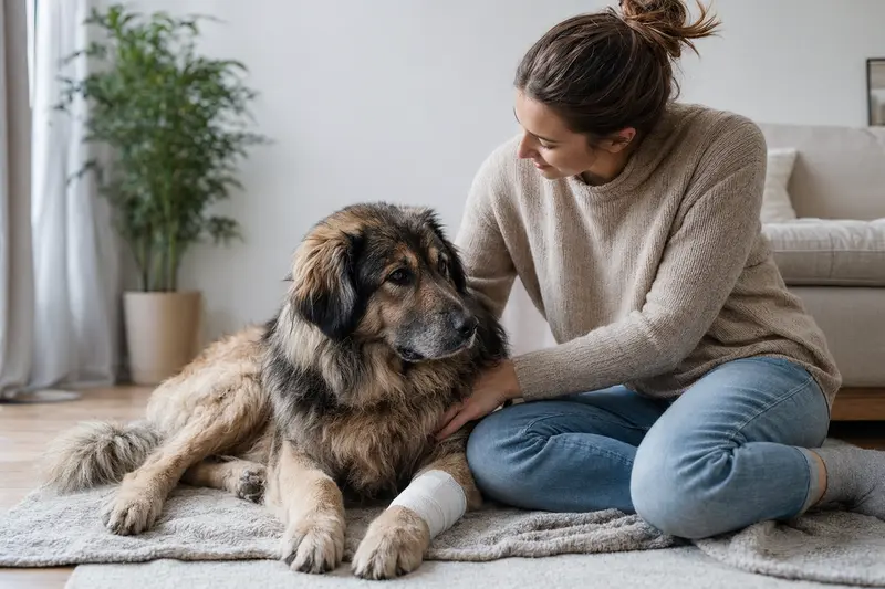 Ein Rumänischer Karpatenschäferhund liegt mit leicht verbundenen Pfote ruhig auf einer Decke, während sein Besitzer erleichtert daneben sitzt.