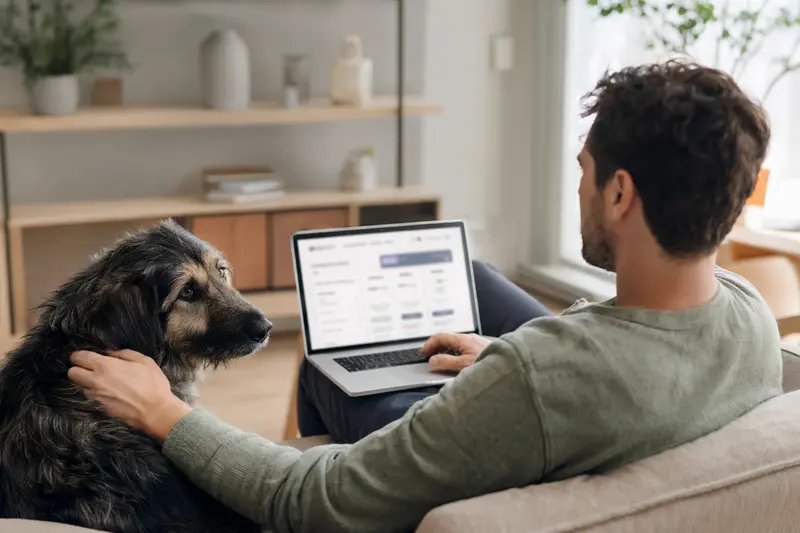 Ein Hundebesitzer mit einem Laptop auf dem Sofa und einem rumänischen Karpatenschäferhund, der eine Versicherungsvergleichsseite betrachtet.