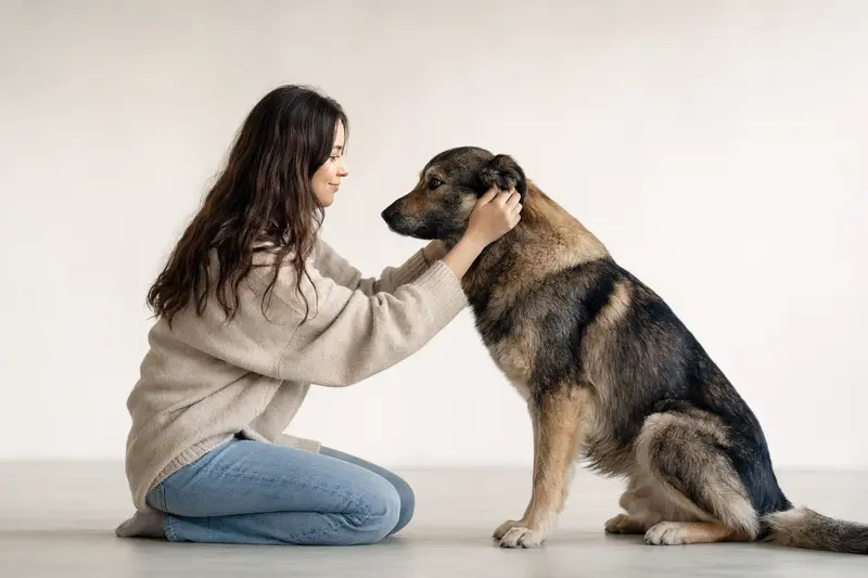 Rumänischer Schäferhund in aufmerksamem Stand vor hellem Hintergrund als realistisches Tierportrait.