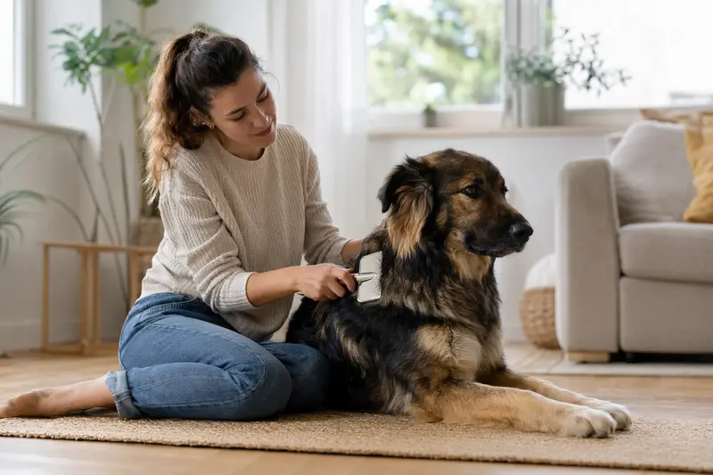 Ein Rumänischer Schäferhund wird zuhause liebevoll gebürstet und gepflegt.