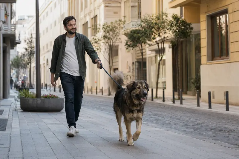 Ein Rumänischer Schäferhund läuft an der Leine mit seinem Besitzer durch eine freundliche moderne Stadtstraße.