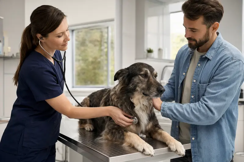 Eine Tierärztin untersucht einen ruhigen Rumänischen Schäferhund mit dem Stethoskop in einer modernen Tierarztpraxis, während der Besitzer beruhigend danebensteht.