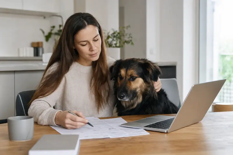 Rumänischer Schäferhund sitzt ruhig neben seinem Besitzer am Küchentisch mit Versicherungsunterlagen und Laptop zur Hundekrankenversicherung.