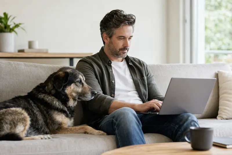 Ein Besitzer arbeitet am Laptop auf dem Sofa, während ein rumänischer Schäferhund daneben sitzt, was Sicherheit in der Tierabsicherung symbolisiert.