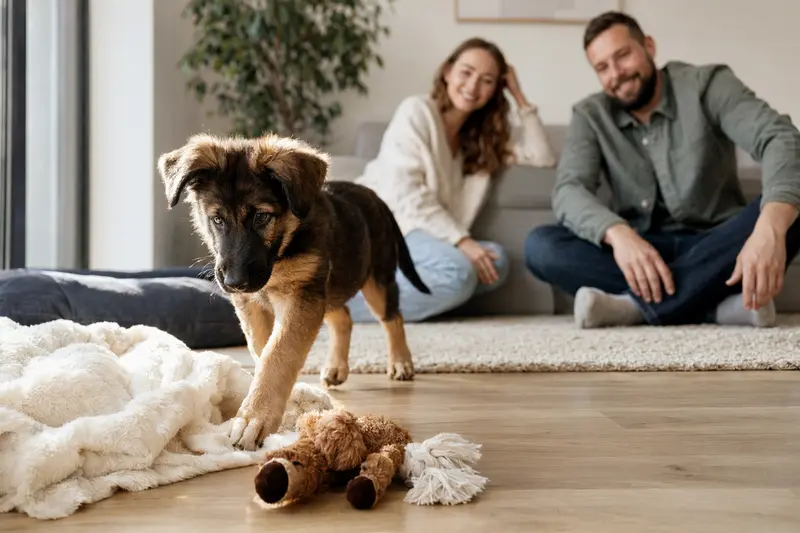 Ein junger Rumänischer Schäferhund Welpe erkundet neugierig sein neues Zuhause in einer hellen Wohnung mit weicher Decke und Spielzeug.