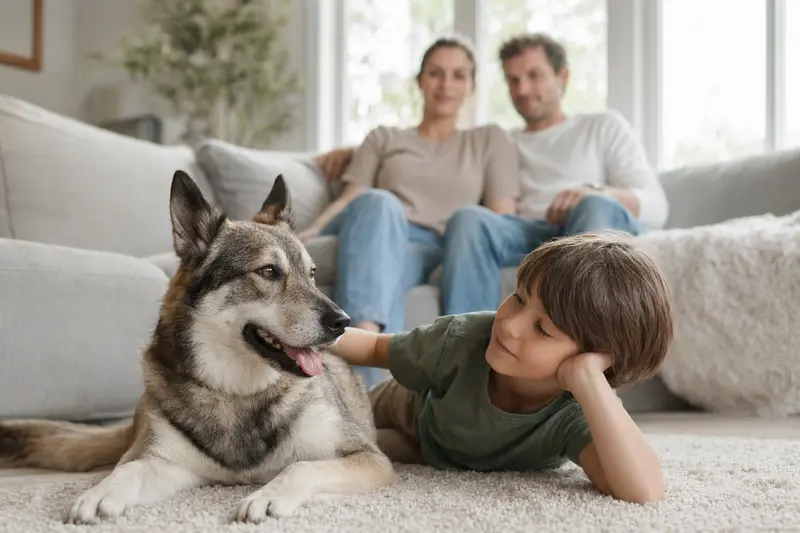 Ein Russisch-Europäischer Laika liegt entspannt neben einem Kind im Wohnzimmer, während die Eltern im Hintergrund stehen.