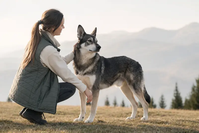 Ein Russisch-Europäischer Laika steht aufmerksam in natürlicher Haltung vor hellem Hintergrund und zeigt sein typisches Fell und seine klare Körperform.