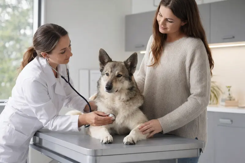 Ein ruhiger Russisch-Europäische Laika Hund wird behutsam von einer Tierärztin mit einem Stethoskop in einer modernen Praxis untersucht.