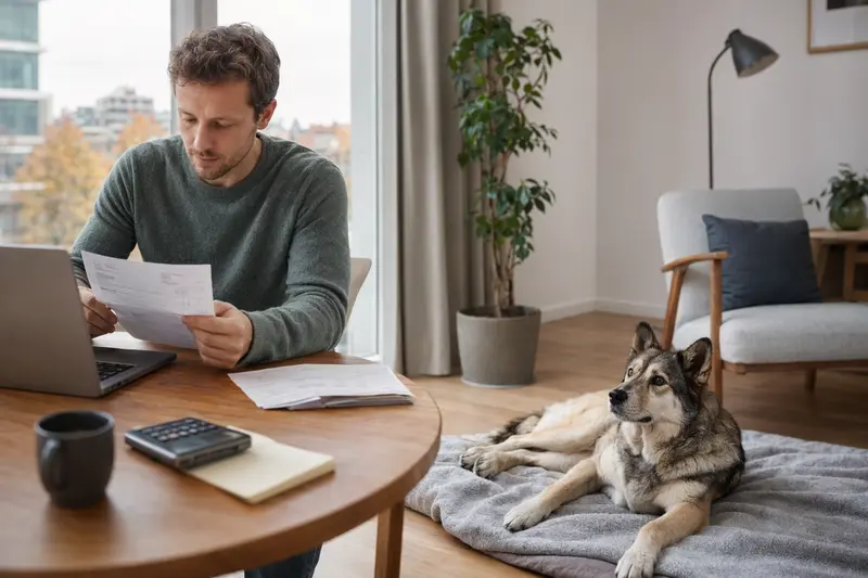 Ein Hundehalter sitzt mit einer Tierarztrechnung am Tisch, während ein entspannter Russisch-Europäischer Laika ruhig auf einer Decke daneben liegt.