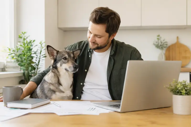 Ein Russisch-Europäischer Laika Hund sitzt entspannt am Küchentisch neben seinem Besitzer, während Versicherungsunterlagen und ein Laptop auf dem Tisch liegen.