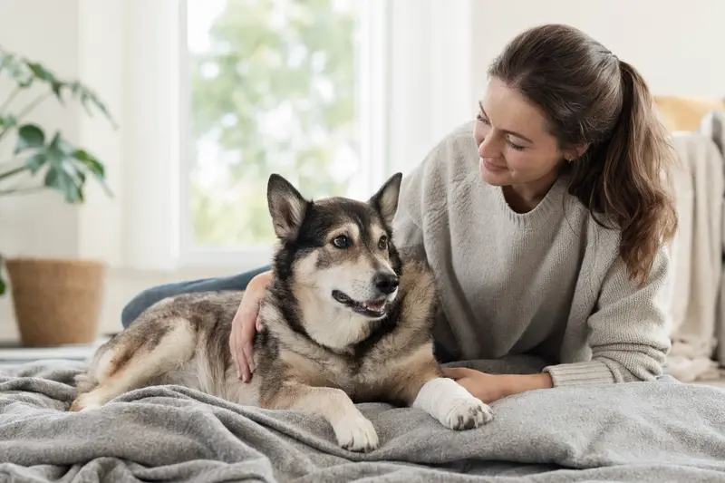 Ein Russisch-Europäische Laika Hund mit leichtem Verband sitzt ruhig auf einer Decke neben seinem erleichterten Besitzer in einer hellen und fürsorglichen Wohnung.