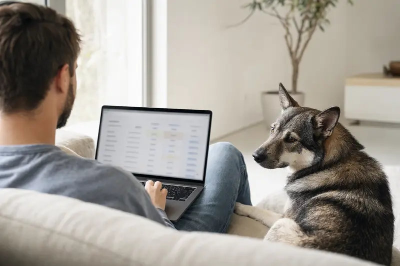 Ein Besitzer nutzt einen Laptop auf dem Sofa, während ein Russisch-Europäische Laika Hund neben ihm sitzt, und zeigt einen Versicherungsvergleich.